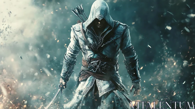 Mysterious hooded warrior strides through swirling embers.