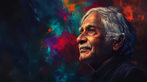 Elderly man gazes upward amid vivid abstract nebula light.