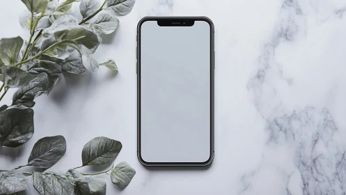 Smartphone mockup with eucalyptus on marble background.
