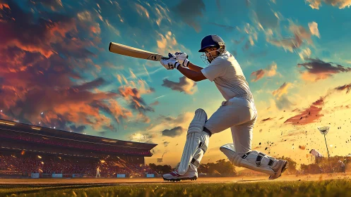 Cricket batsman drives ball across vivid sunset stadium field.