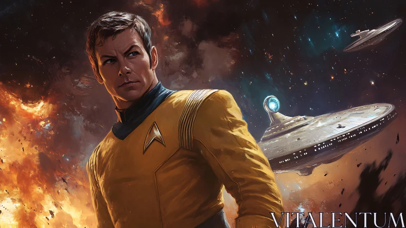 Stoic starship officer standing strong amid cosmic fire.