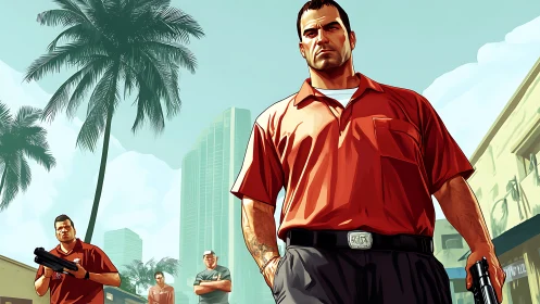 Crime crew stance under palm-lined city skyline.