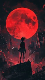 Girl silhouetted under colossal crimson apocalypse moon.