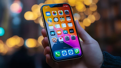 iPhone home screen display held against bokeh-blurred cityscape backdrop