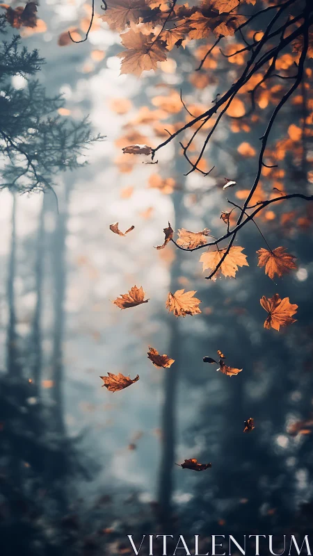 Falling autumn leaves in a misty, soft focused forest scene.