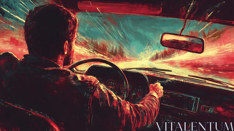 Expressionist interior drive scene with dynamic motion strokes.