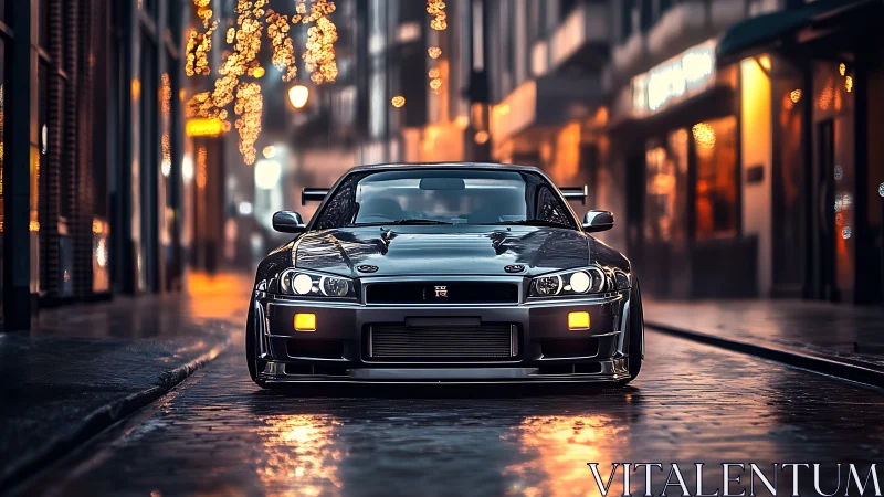 Midnight street skyline frames a tuned sports car stance.