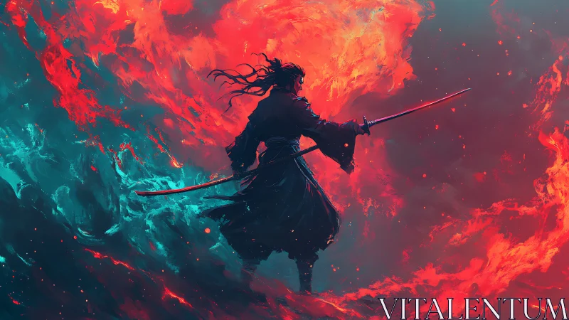 Spectral katana duelist in bifurcated fire and mist field.