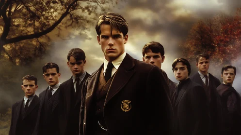 Victorian boarding school boys under stormy autumn sky