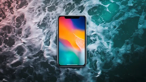 Smartphone with neon screen hovering over turbulent water.