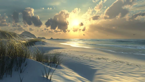 Golden sunset light washes over a tranquil windswept beach