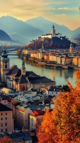 Golden river light crowns the hilltop castle at sunset