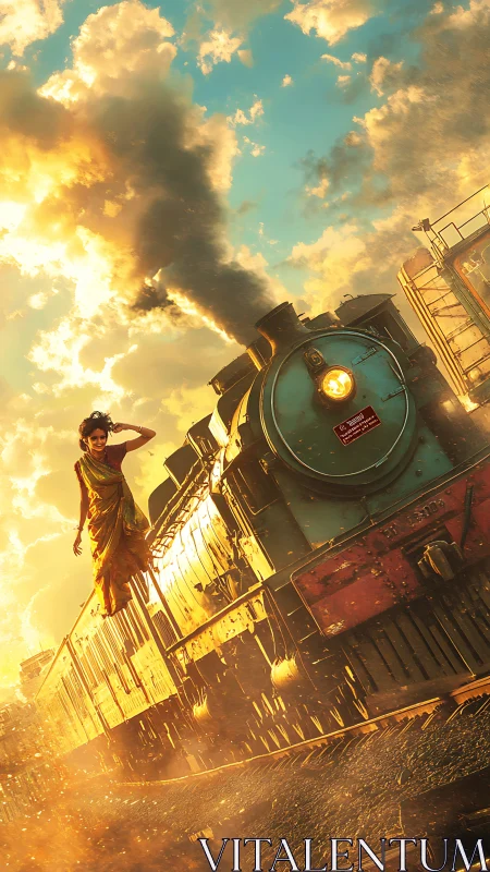 Woman standing on moving steam locomotive at sunset.