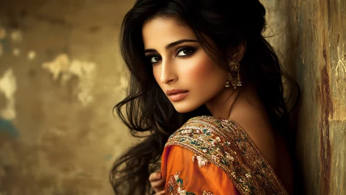 Elegant woman in ornate sari, dramatic lighting, artistic portrait.