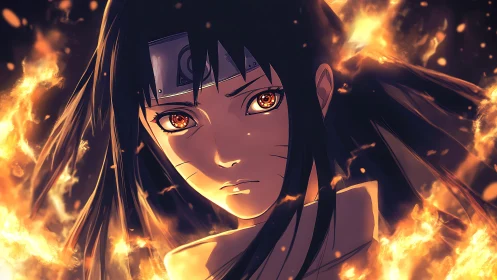 Firelit ninja gaze framed by swirling embers of resolve.