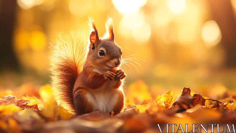 Backlit red squirrel amid golden autumn foliage at dusk.