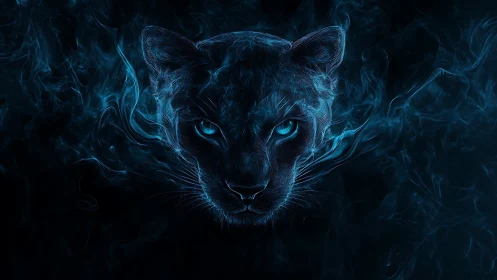 Black panther portrait with glowing blue eyes and neon aura