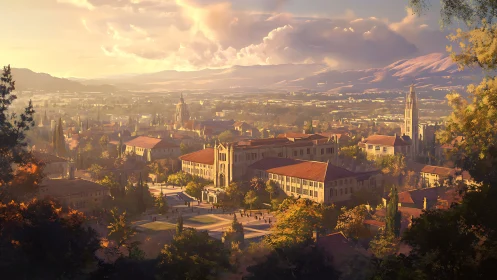 Golden sunset settles over a peaceful hilltop university town