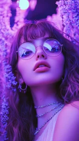 Lavender neon drapes a dreamy gaze behind mirrored glasses