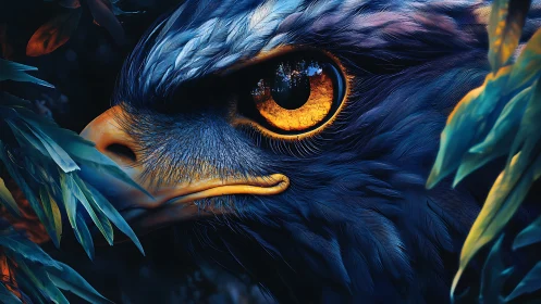 Hyperreal raptor eye close-up with cyan plumage and foliage