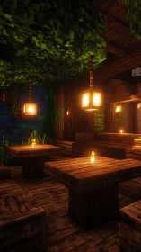 Cozy pixel tavern glowing with warm lantern light at night.
