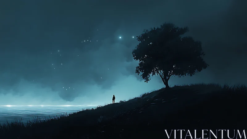 Solitary figure gazes across a moonlit shore beneath stars