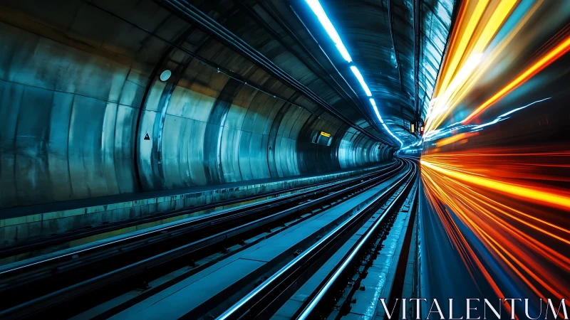 Racing light trails rush through a sleek blue subway tunnel