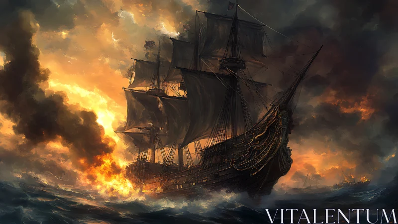 Stormlit war galleon charging through oceans of fire.
