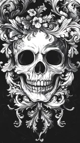Floral skull framed by swirling vines and quiet elegance.