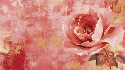 Single painted rose on textured red and gold background