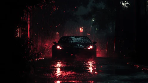 Car cuts through neon rain on dark city street