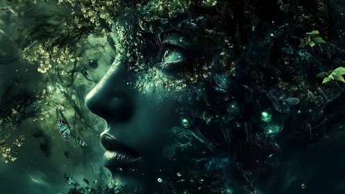 Mythic forest spirit portrait fused with glowing nature.