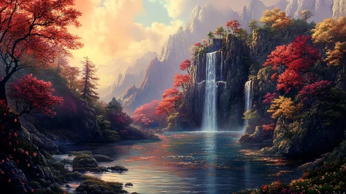 Autumnal mountain gorge with twin waterfalls and reflective lake