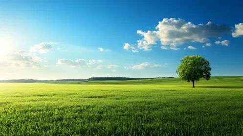Peaceful lone tree under a bright open summer sky.
