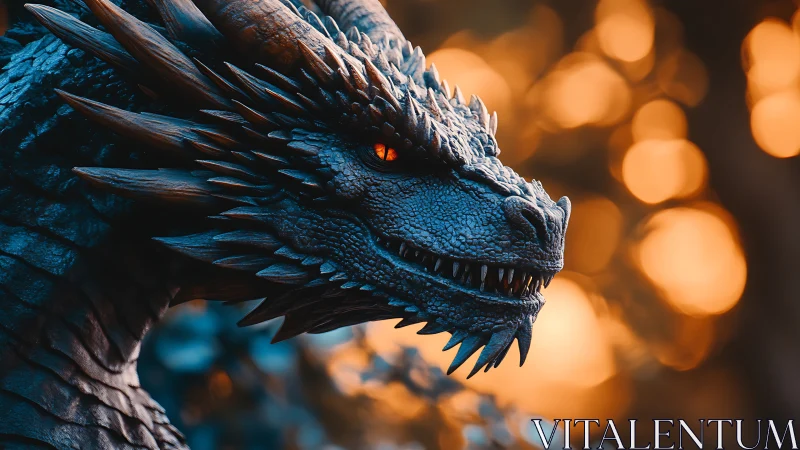 Dragon head shows detailed blue scales and glowing eye