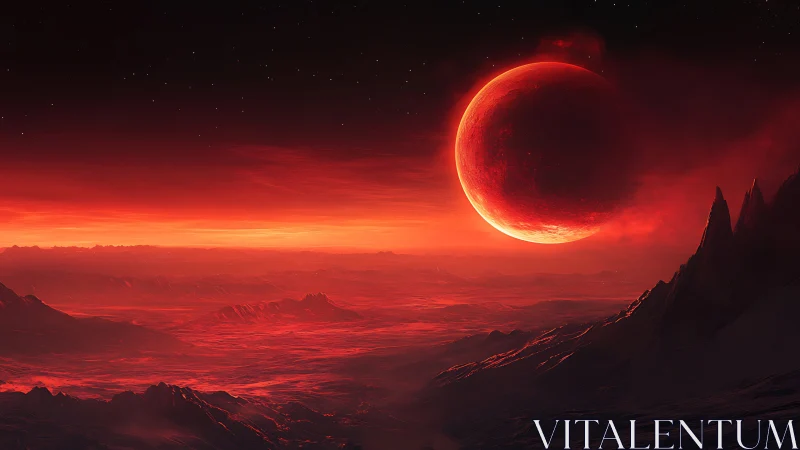 Crimson alien horizon glowing beneath a mysterious red moon.