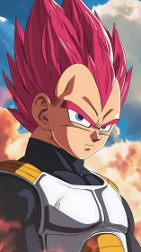 Powerful pink haired warrior standing against soft clouds.