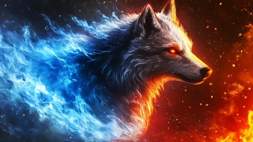 Elemental wolf spirit forged from fire and ice flames.