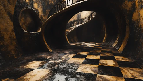 Curved staircase twists above decayed checkerboard hall.