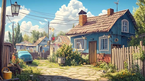 Sunlit blue cottage hums softly in a lazy summer alley