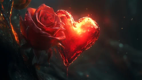 Glowing red rose and illuminated heart-shaped form digital render