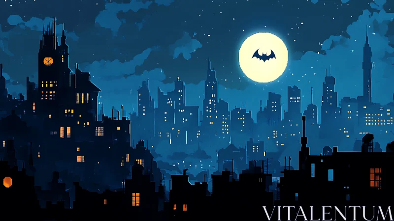 Noir city skyline under moonlit bat signal silhouette.