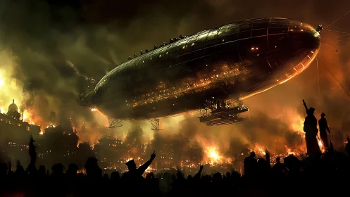 Steampunk zeppelin crosses burning city amid silhouetted uprising