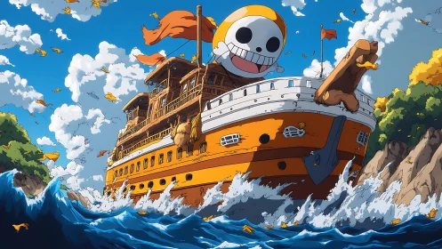 Dynamic anime pirate ship surging through stylized coastal waves