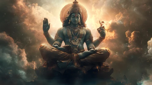 Divine seated figure is rendered in a luminous, clouded space