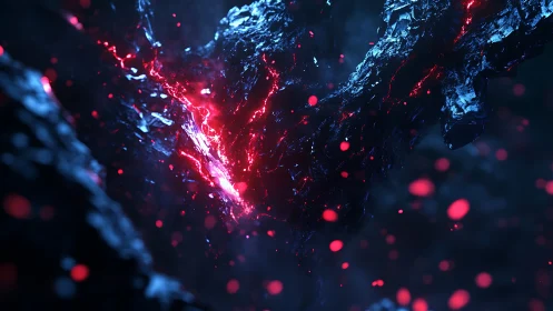 Lava-illuminated fractured obsidian ridge with floating embers