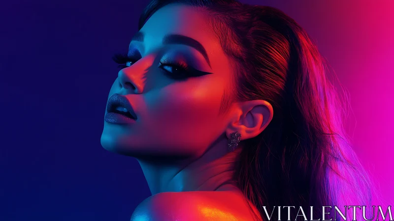 Neon lit glamour portrait with bold makeup in profile