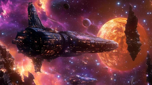 Starlit dreadnought glides past blazing suns and shards.