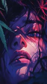 Haunting neon portrait hides longing eyes in tangled leaves