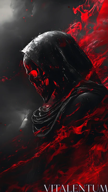 Hooded skeletal figure in profile with red energy swirl.